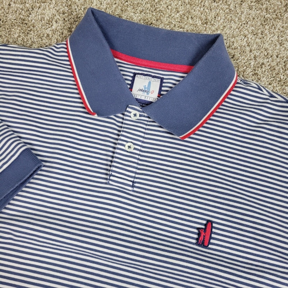 Johnnie O Mens 2XL Blue White Striped Performance‎ Stretch Polo Short Sleeve
